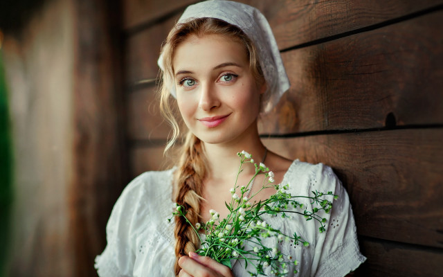 Woman white dress plant smile free wallpaper for desktop - medium preview image