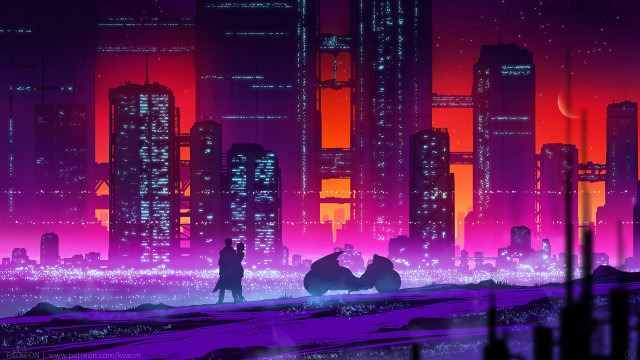 Neon cyberpunk cityscape night sky free wallpaper for desktop - medium preview image