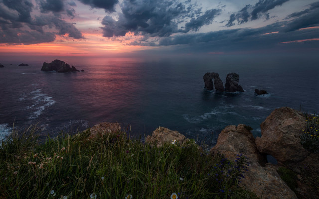 Sunset ocean rocks grass mystical free wallpaper for desktop - medium preview image