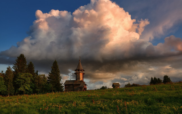 Church hill clouds flowers trees free wallpaper for desktop - medium preview image