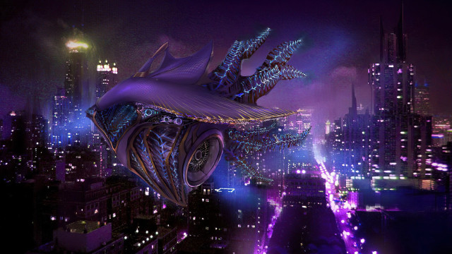 Futuristic city alien creature night free wallpaper for desktop - medium preview image