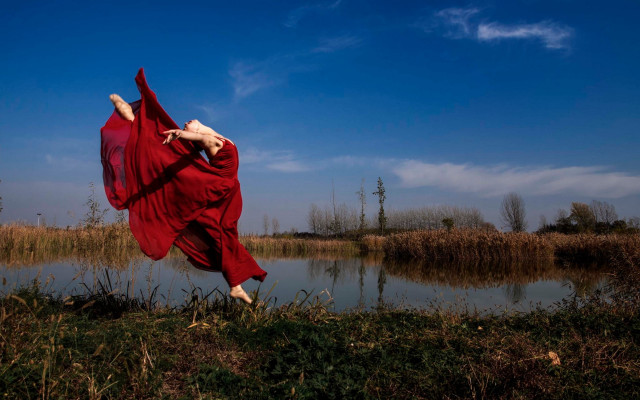 Woman dancing red dress pond free wallpaper for desktop - medium preview image