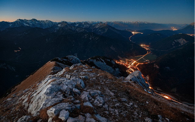 Mountain city night aurora campfire free wallpaper for desktop - medium preview image