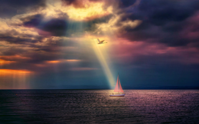 Sailboat cloudy sky light beam free wallpaper for desktop - medium preview image