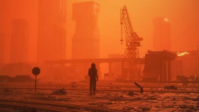 Futuristic man railway city dystopian free wallpaper for desktop - medium preview image