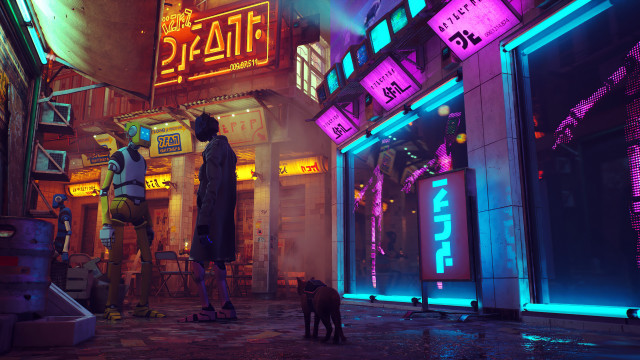 Couple dog cyberpunk building neon free wallpaper for desktop - medium preview image