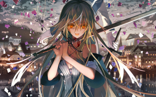 Girl long hair sword cityscape free wallpaper for desktop - medium preview image