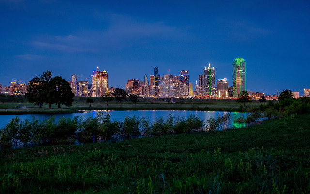 City skyline night lake grassy free wallpaper for desktop - medium preview image