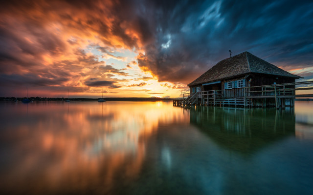 House dock sunset clouds water free wallpaper for desktop - medium preview image