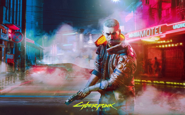 Cyberpunk cityscape neonlights smoke gun free wallpaper for desktop - medium preview image