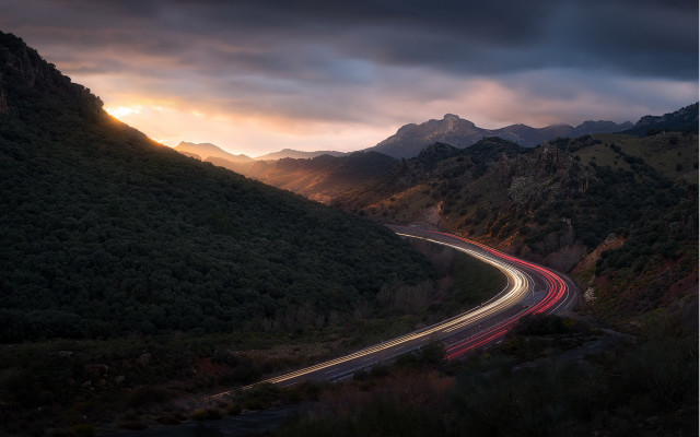 Mountain highway sunset cinematic matte free wallpaper for desktop - medium preview image