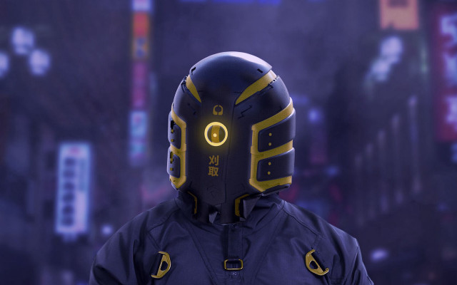 Futuristic helmet blue jacket cyberpunk free wallpaper for desktop - medium preview image