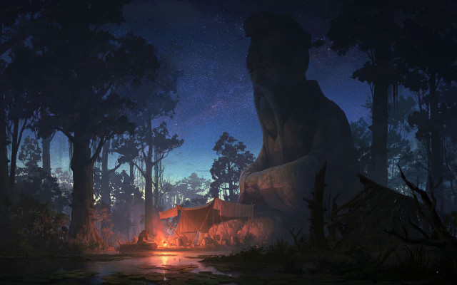 Woods campfire night tent stars free wallpaper for desktop - medium preview image