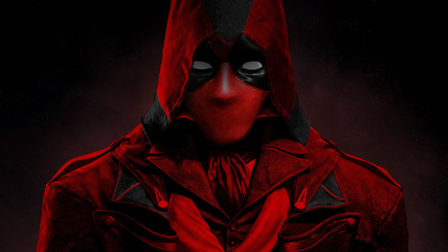 Red hooded man black mask free wallpaper for desktop - medium preview image