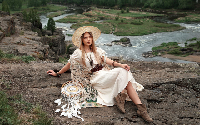 Woman hat river ecological art free wallpaper for desktop - medium preview image