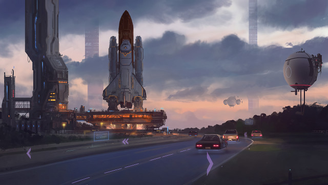 Futuristic city rocket ship car free wallpaper for desktop - medium preview image