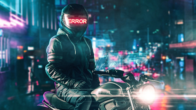 Man motorcycle cyberpunk neon city free wallpaper for desktop - medium preview image