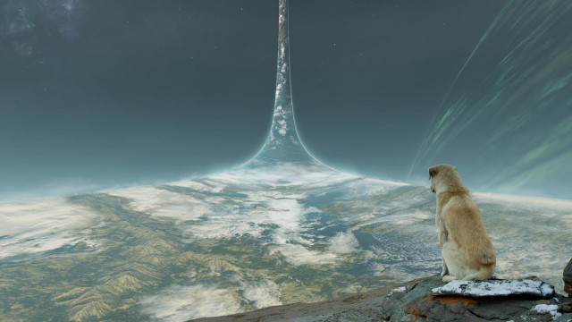 Dog sitting rock tower sky free wallpaper for desktop - medium preview image