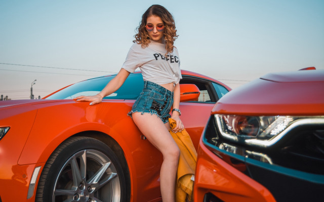 Woman leaning on car crossed free wallpaper for desktop - medium preview image