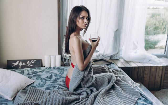 Woman red dress wine bed free wallpaper for desktop - medium preview image