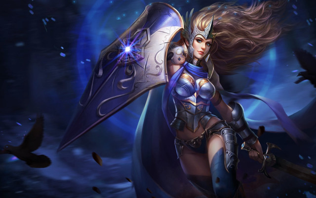 Woman blue outfit sword shield free wallpaper for desktop - medium preview image