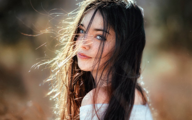 Woman longhair field blowing portrait free wallpaper for desktop - medium preview image