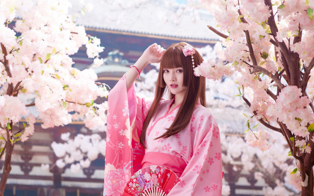 Pink kimono sakura portrait flowers free wallpaper for desktop - medium preview image