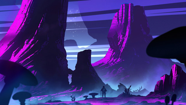 Futuristic purple landscape mountains man free wallpaper for desktop - medium preview image