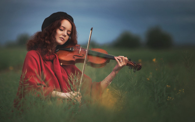 Woman red shirt violin field free wallpaper for desktop - medium preview image