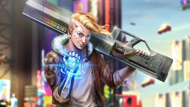 Futuristic city girl giant gun free wallpaper for desktop - medium preview image