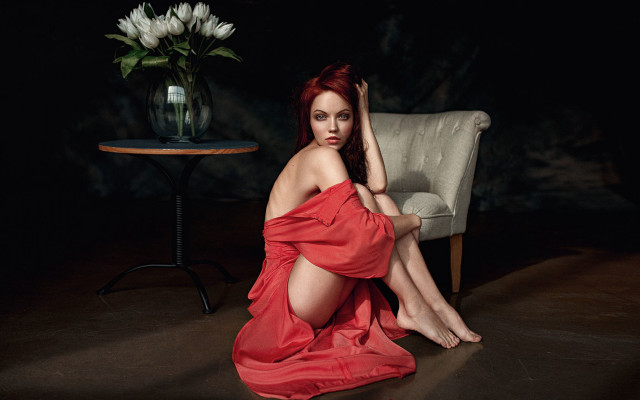 Woman red dress sitting vase free wallpaper for desktop - medium preview image