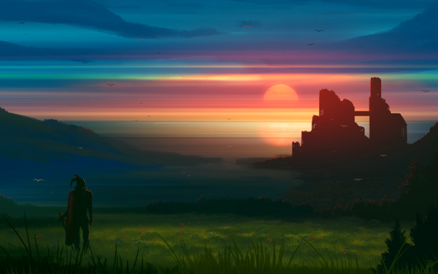 Man field sunset building bird free wallpaper for desktop - medium preview image