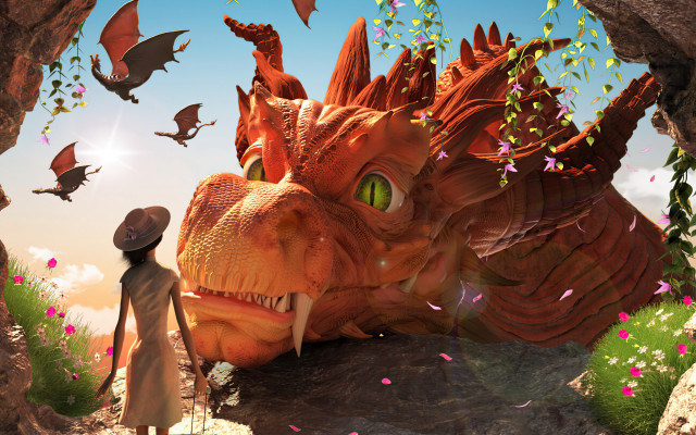 Woman dragon statue cave birds free wallpaper for desktop - medium preview image