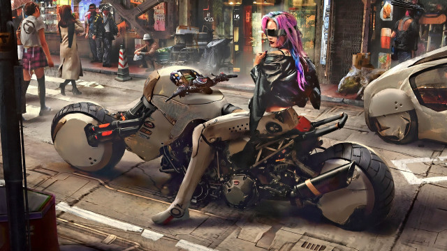 Woman motorcycle city street cyberpunk free wallpaper for desktop - medium preview image