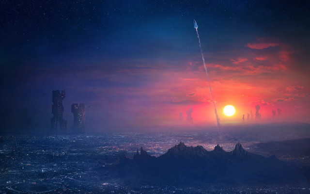 Sunset rocket cityscape aurora moon free wallpaper for desktop - medium preview image