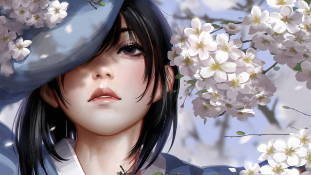 Girl hat flower bouquet fantasy free wallpaper for desktop - medium preview image