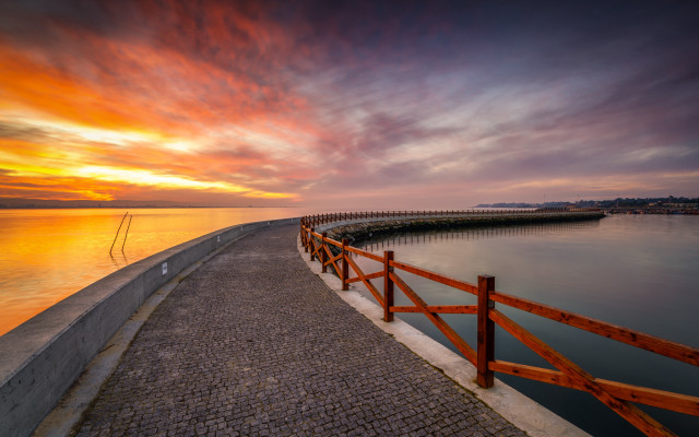 Sunset water fence pier city free wallpaper for desktop - medium preview image