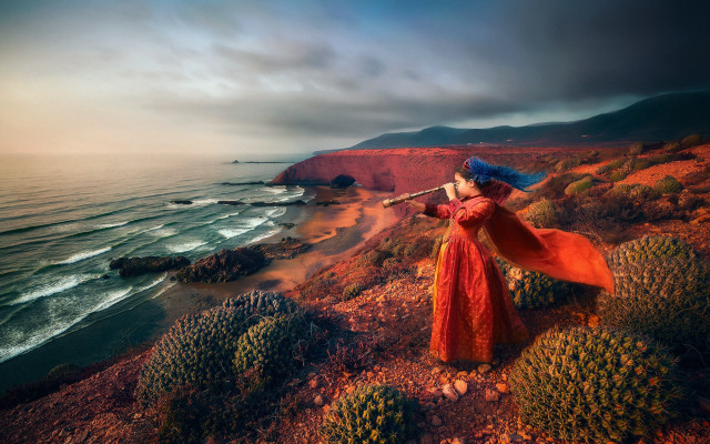 Woman red dress cliff ocean free wallpaper for desktop - medium preview image