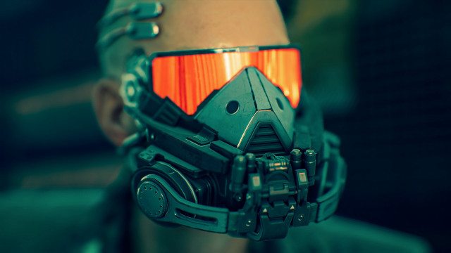Futuristic helmet goggles red lens free wallpaper for desktop - medium preview image