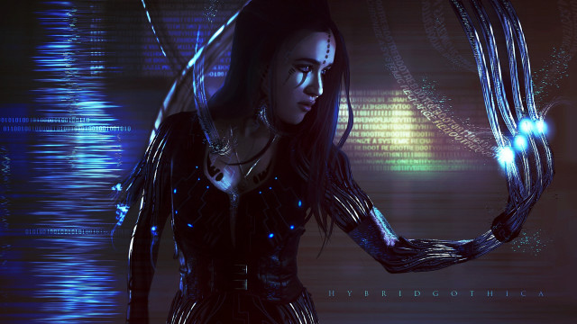Futuristic woman cyberpunk glowing hologram free wallpaper for desktop - medium preview image