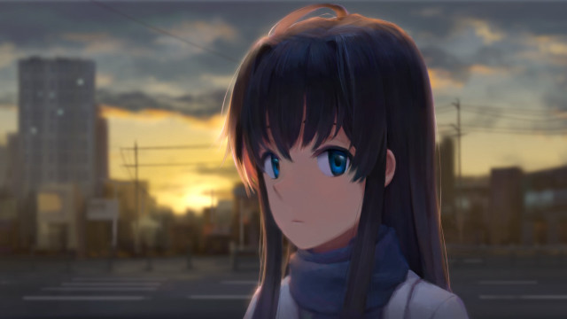 Girl blue eyes sunset cityscape free wallpaper for desktop - medium preview image