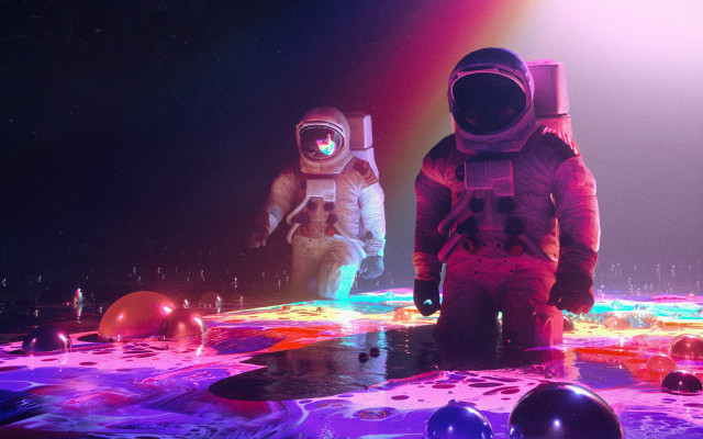 Space astronauts rainbow background glow free wallpaper for desktop - medium preview image