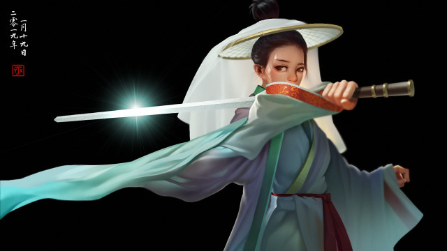 Woman kimono sword hat fantasy free wallpaper for desktop - medium preview image