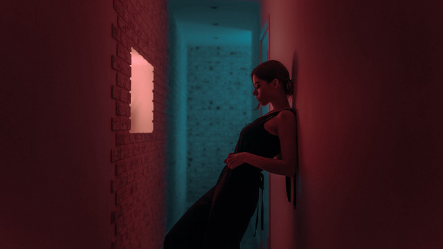 Woman hallway redlight brickwall dimlight free wallpaper for desktop - medium preview image