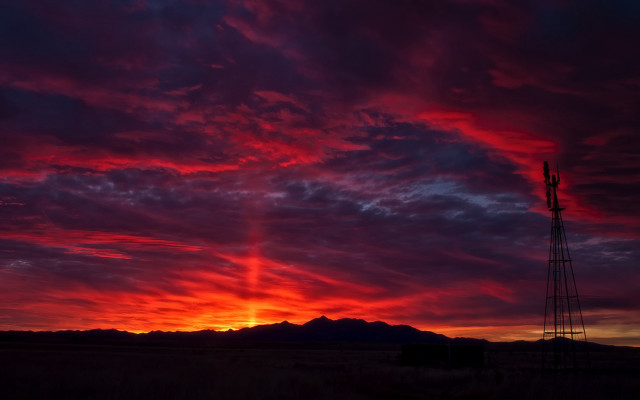 Red sky windmill mountain dusk free wallpaper for desktop - medium preview image