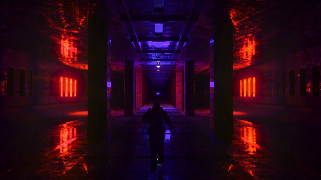 Cyberpunk hallway red lights kimono free wallpaper for desktop - medium preview image