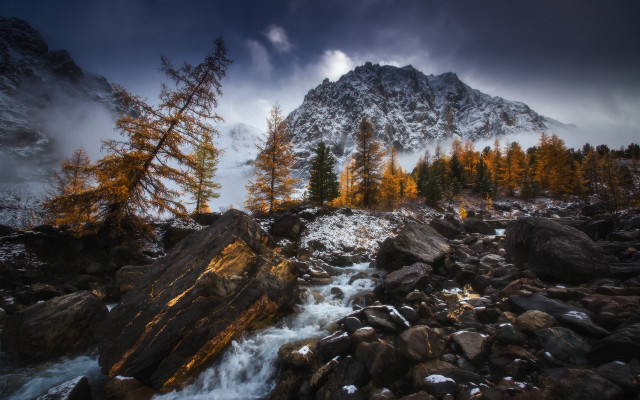 Mountain stream forests autumn leaves free wallpaper for desktop - medium preview image