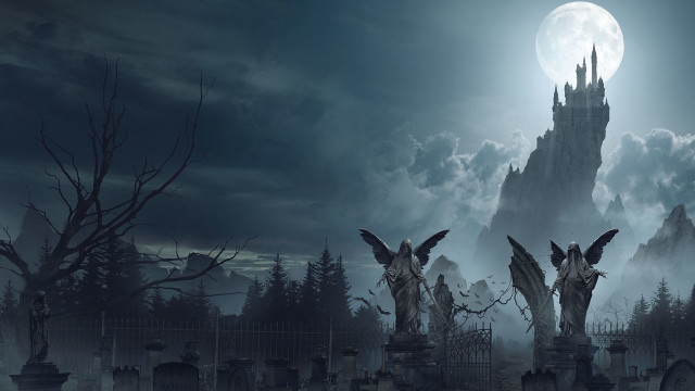 Cemetery castle night fullmoon gothic free wallpaper for desktop - medium preview image