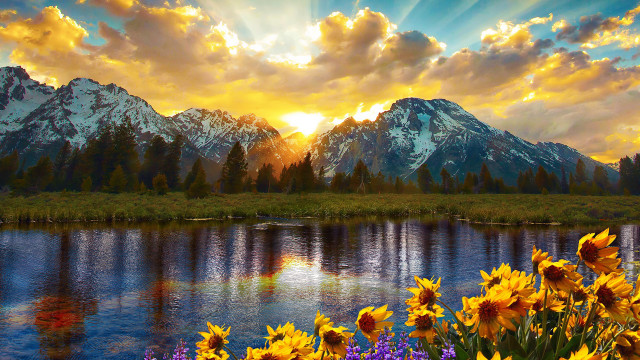 Mountain lake autumn sunset flower free wallpaper for desktop - medium preview image