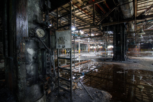 Industrial building clock pipes wires free wallpaper for desktop - medium preview image